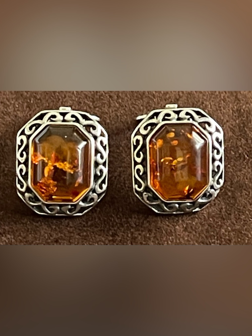 925 SILVER & AMBER SCROLLED EDGE EARRINGS/ CLIP ONS/ SIGNED /3/4” L X 1/2” W